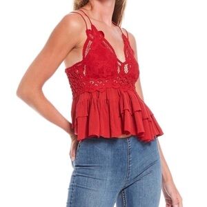 Free People | NWT Cherry Red Adella Lace Embroidered Ruffle Smocked Cami Top S